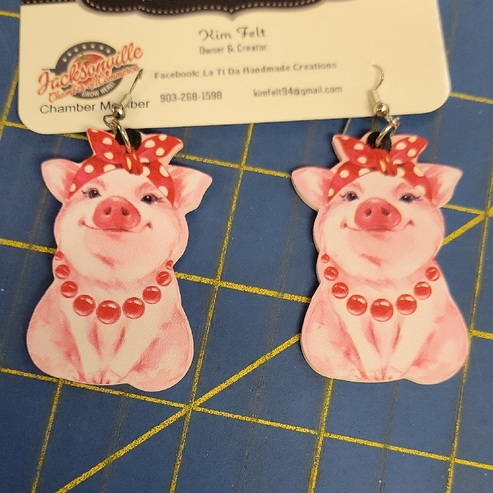 Pig in Bandana 2" Earrings with Pink & Red Accents